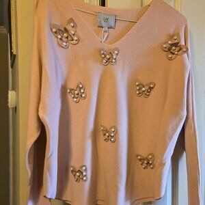 Pale peach Liv Milano L sweater with leather butterflies with pearl accents